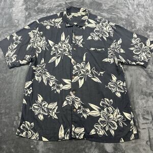 Tommy Bahama Shirt Mens Large Black Button Up Hawaiian Floral Aloha Camp